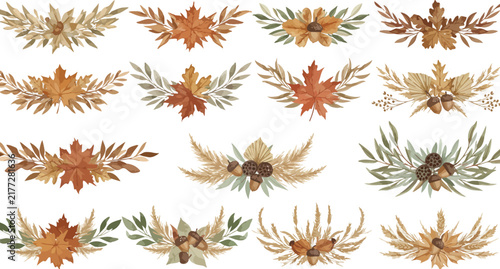 Set of watercolor floral arrangements featuring autumn leaves and branches isolated on a white background for seasonal decorative design projects