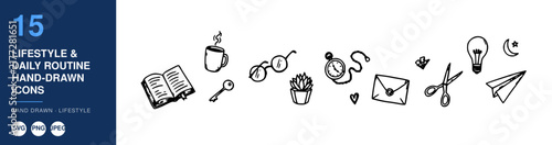 Daily Routine Icons, Hand-Drawn Lifestyle Illustration Set. Simple Design Elements for Planning, Organization