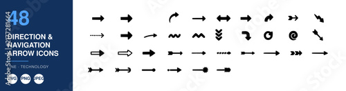 Direction and Navigation Arrow Icons Set, 48 Distinct Arrow Symbols. Line Icons, Vector Design