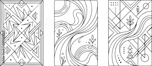 Minimalist geometric line art panels, abstract mystical tarot card designs, set of 3 black and white vector illustrations for posters