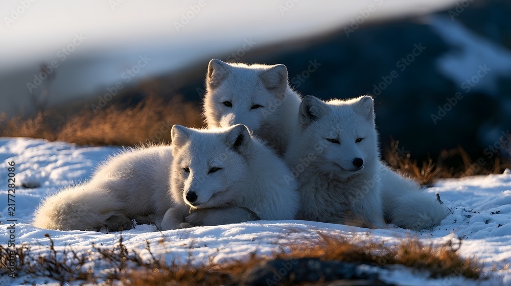 Obraz premium Three white foxes rest together on snowy ground with soft light highlighting their fur against a blurred natural background