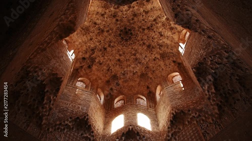 Muqarnas star vault ceiling of the Palace of the Lions in the Nasrid Palaces, Alhambra, Granada, Andalusia