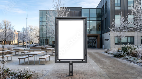 Blank vertical billboard mockup in front of modern glass building on a winter day