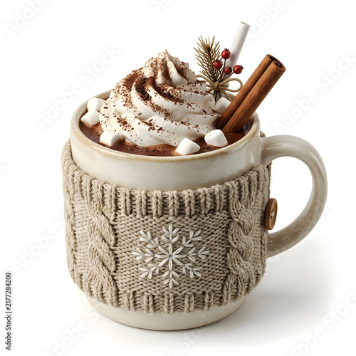 Hot chocolate mug with whipped cream and cinnamon stick