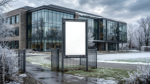 Blank vertical billboard mockup in front of modern glass office building in winter