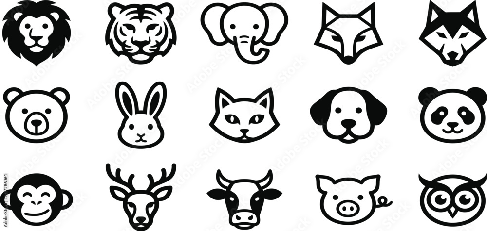 Obraz premium Set of fifteen simple black and white line art animal face icons for design projects and illustrations