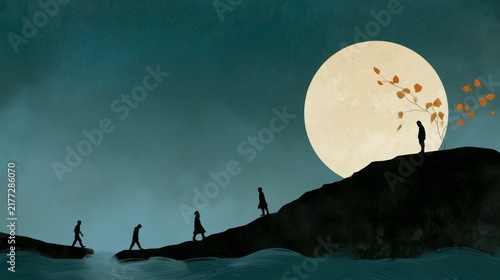 Visual journey from trauma to healing showing struggle and resilience in a dark landscape under a large moon