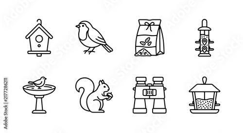 Birdhouse, Bird, Bird Feeder, Squirrel, Binoculars Icons Set, Nature Wildlife Vector Graphics, Outdoor Hobby Collection