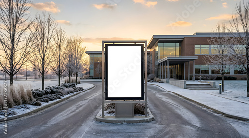 Blank vertical billboard mockup in front of modern office building during winter sunset