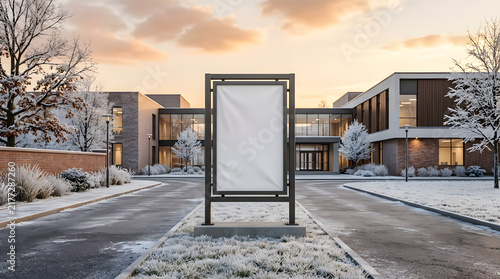 Blank vertical billboard mockup in front of modern office building in winter sunset