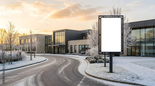 Blank vertical billboard mockup in front of modern office building in winter sunset