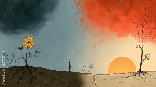 Visual journey from trauma to healing showing struggle and resilience in a symbolic landscape