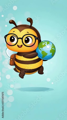 Cute cartoon bee with glasses holding a globe and wearing a backpack, floating joyfully. educational and environmental character concept.
