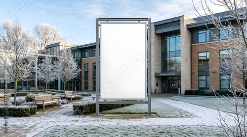 Blank vertical billboard mockup in front of modern office building in winter