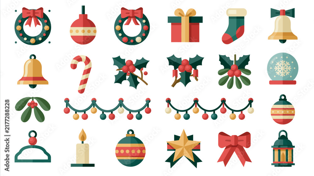 Fototapeta premium Decorative Christmas Holiday Elements Set Featuring Festive Ornaments Wreaths And Seasonal Icons For Winter Celebration Graphic Design Projects