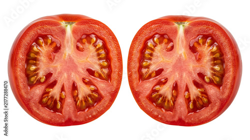 Crosssection of two ripe red tomatoes showing juicy interior and seeds on white background transparent background