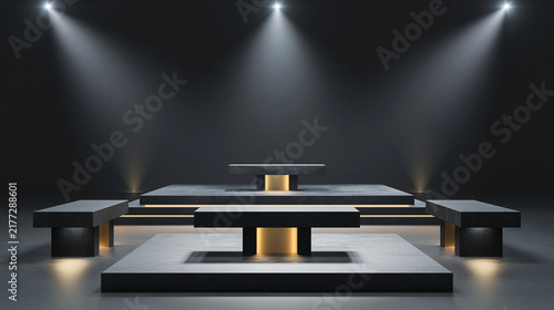 Contemporary exhibition platform featuring striking lighting and a sleek design ideal for presentations and events