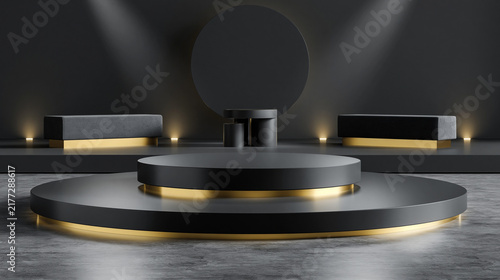 Modern minimalist stage with circular backdrop and sleek seating for fashion or product presentations