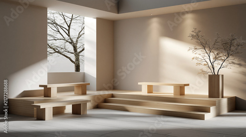 Bright and airy minimalist interior featuring wooden benches and ample natural light streaming through large windows