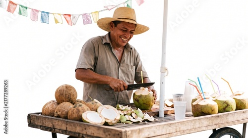 Smiling street vendor prepares fresh coconut water on a sunny day
