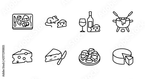 Cheese and Wine Icons Set, Vector Food Illustrations for Culinary and Gastronomy Themes, Simple Line Art for Menus and Recipes