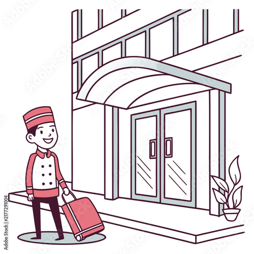 Bild auf Leinwand Hotel bellboy standing with luggage near entrance.