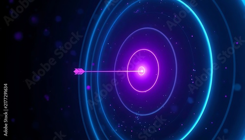 Single purple arrow hits bullseye in abstract glowing light rings background art.