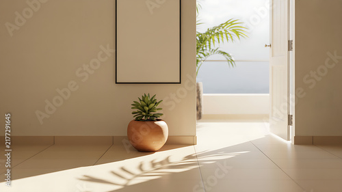 Minimalist interior with open door, plant in terracotta pot and shadow on wooden floor