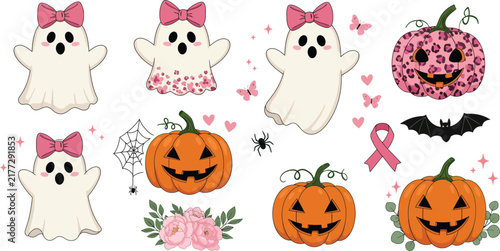 Cute halloween clipart set featuring friendly ghosts with pink bows pumpkins leopard print patterns bats and pink breast cancer ribbons