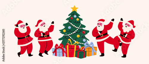 Funny Santa Claus characters dancing around a decorated Christmas tree with gift boxes. Illustration for winter holiday party banner and New Year greeting card.