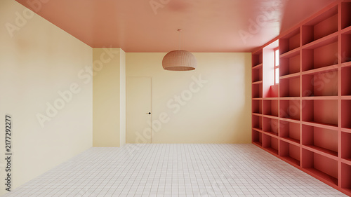 Empty room interior featuring pink bookshelves and patterned tile flooring bookshelf interior