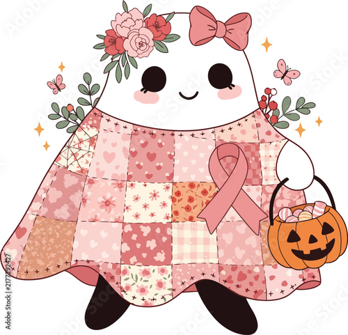 Cute little ghost wearing a pink patchwork blanket with flowers and a bow holding a small orange pumpkin trick or treat