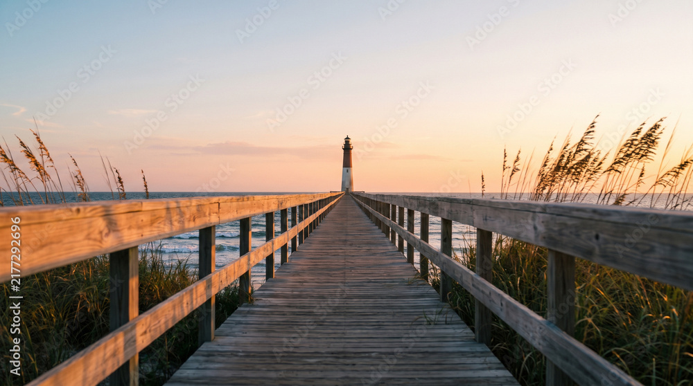 Obraz premium Wooden boardwalk leading to a lighthouse on the beach during a beautiful soft golden hour sunset