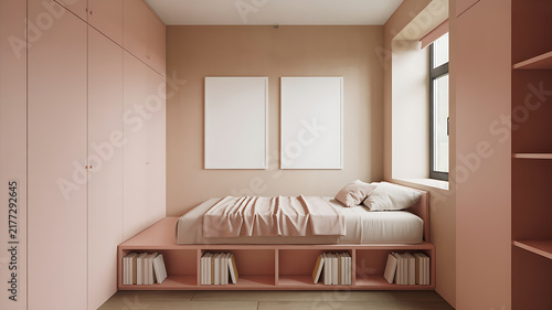 Cozy bedroom interior with platform bed and built-in bookshelf storage in pink tones