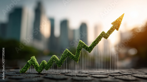 Vibrant green arrow illustrating financial progress against a backdrop of an urban landscape showcasing dynamic growth