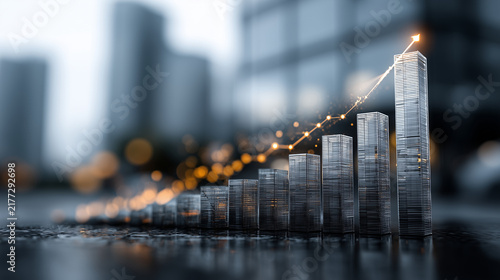Urban setting showcasing a financial growth chart with metallic bars and a bright arrow indicating progress