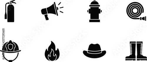 Firefighter and Emergency Firefighting Solid Icon Set with Extinguisher Megaphone Hydrant Hose Helmet Flame Hat and Protective Boots Vector Illustration