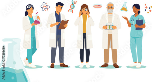 Group of Diverse Scientists and Laboratory Researchers in White Coats Working with Chemical Beakers Test Tubes and Healthcare Medical Equipment Vector Illustration