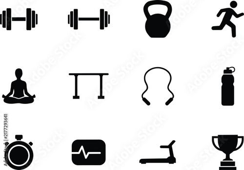 Fitness and Gym Workout Solid Icon Set with Dumbbells Kettlebell Runner Yoga Figure Treadmill Stopwatch and Trophy Vector Graphic Elements