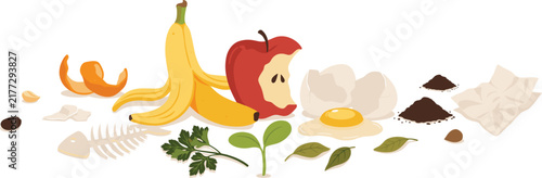Organic Food Waste and Compostable Materials Concept with Apple Core Banana Peel Eggshell Fish Bone Leaves and Coffee Grounds Flat Vector Illustration