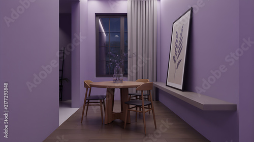Cozy dining room interior with wooden table chairs and large framed artwork on purple wall