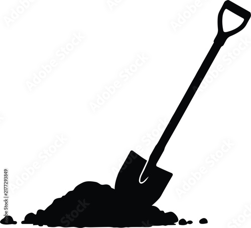 Shovel in Pile of Soil Black Silhouette Icon for Gardening Agriculture Construction Mining Groundwork and Yard Work Vector Graphic Illustration
