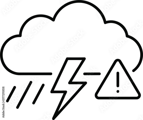 Severe Thunderstorm Warning Line Icon with Cloud Lightning Bolt Heavy Rain and Alert Sign for Weather Forecast Apps and Website Interface Designs