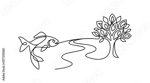 Continuous line drawing of fish swimming towards a stylized tree in a flowing river