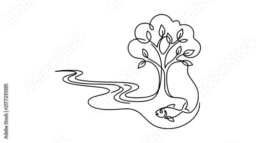 Minimalist Continuous Line Art: Tree, River, and Fish
