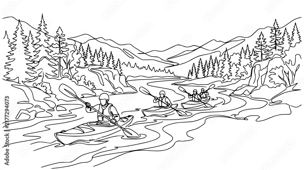 Fototapeta premium Kayaking Adventure: People paddling down a winding river surrounded by mountains and trees.
