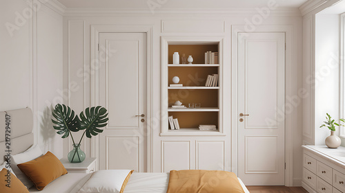 Modern classic bedroom interior with white walls built-in shelving and bed interior shelving