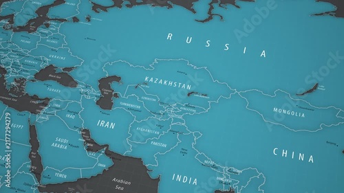 Animated political map showing the location of Kazakhstan in Asia. The camera gradually approaches the country, bringing Astana, neighboring states, national borders, the Caspian Sea, and surrounding 