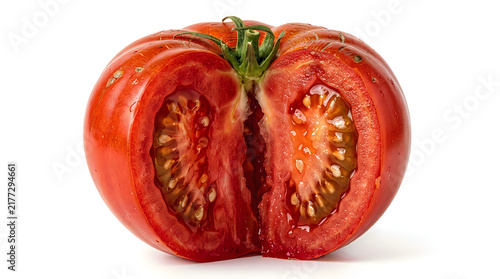 Fresh ripe red tomato cut in half showing juicy seeds and flesh transparent background