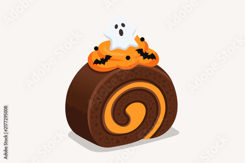 Halloween Chocolate Roll Cake Topped with Cute Ghost and Flying Bats Illustration